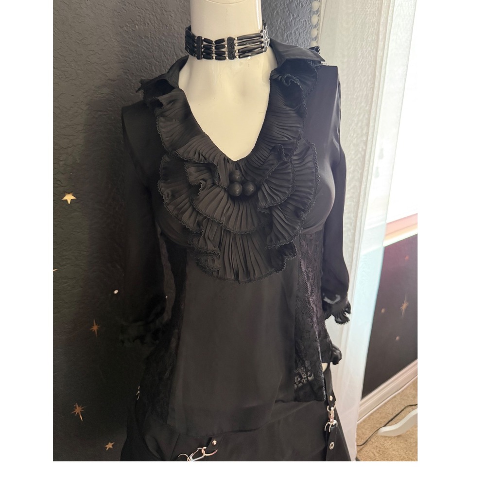 Black Gothic Victorian Ruffle Lace Smocked Blouse 3/4 Sleeve Steampunk Top